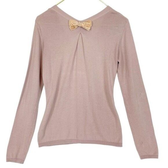 CAbi Taupe Cotton Knit Velvet Bow Silver Glitter Pocket Cardigan Sweater - Picture 4 of 9